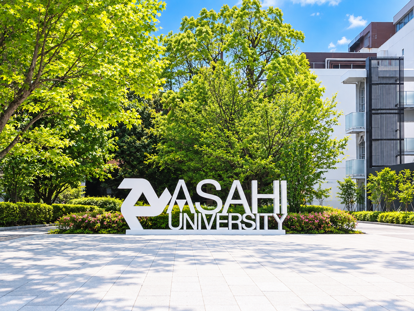 緑に囲まれた朝日大学の中庭と大学名のモニュメント